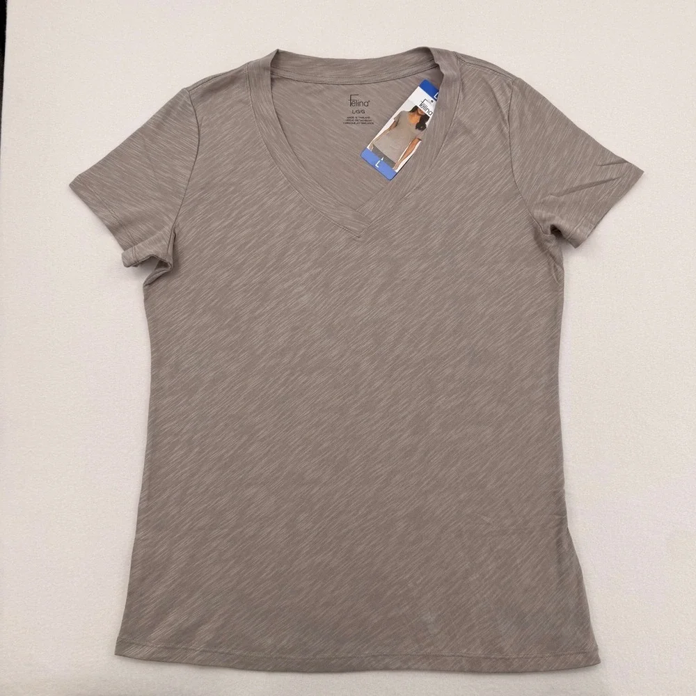 Felina Women's Short Sleeve V-Neck Slub Tee Shirt, Taupe, Large